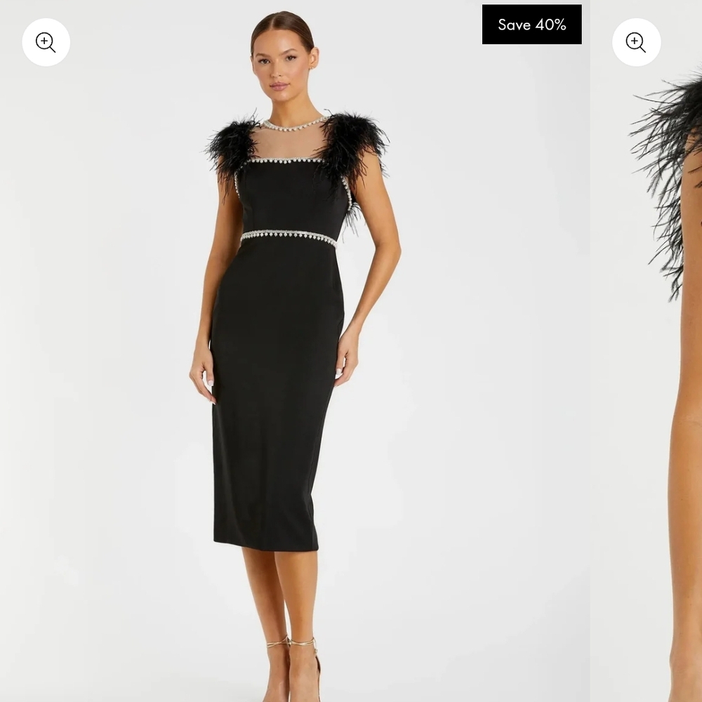 Mac Duggal Black Midi Dress with Feather Shoulders and Pearled Trim